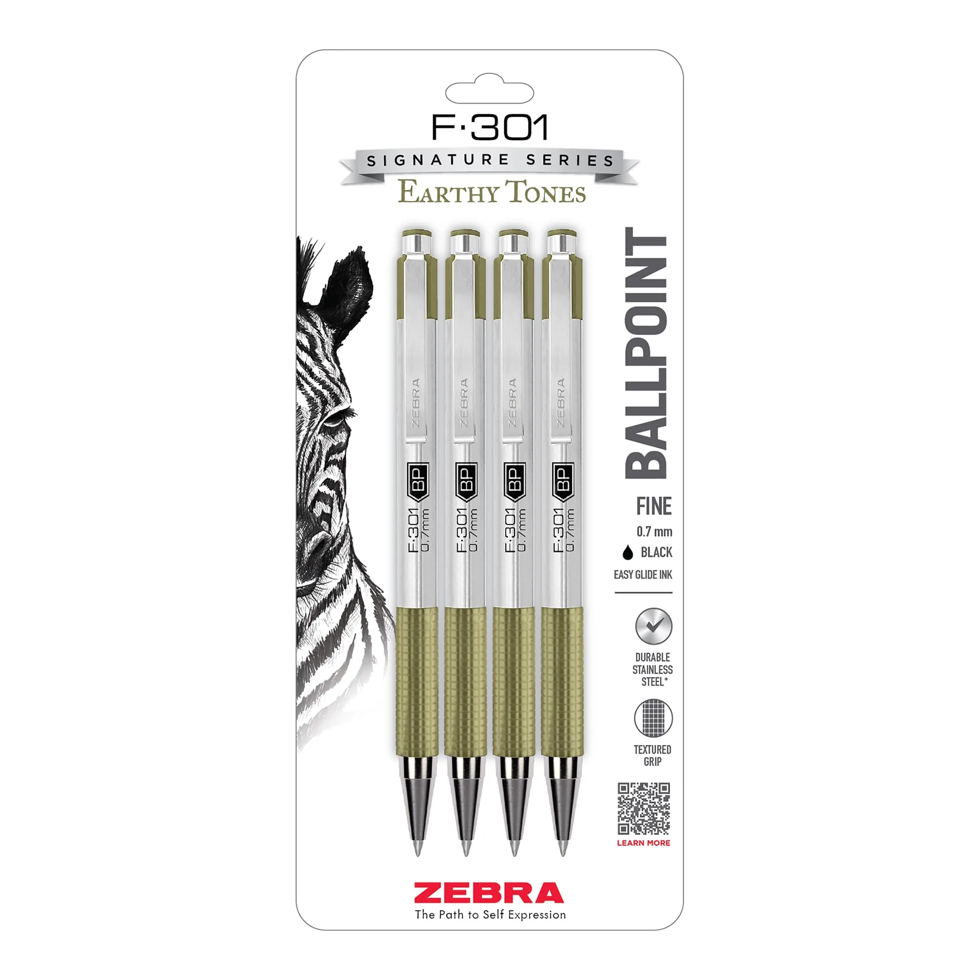 Zebra Pen F-301 Signature Series Retractable Ballpoint Pen, 0.7mm, Black Easy-Glide Ink, Stainless-Steel Barrel with Sage Earth Tone Accents, 4-Pack - main product image