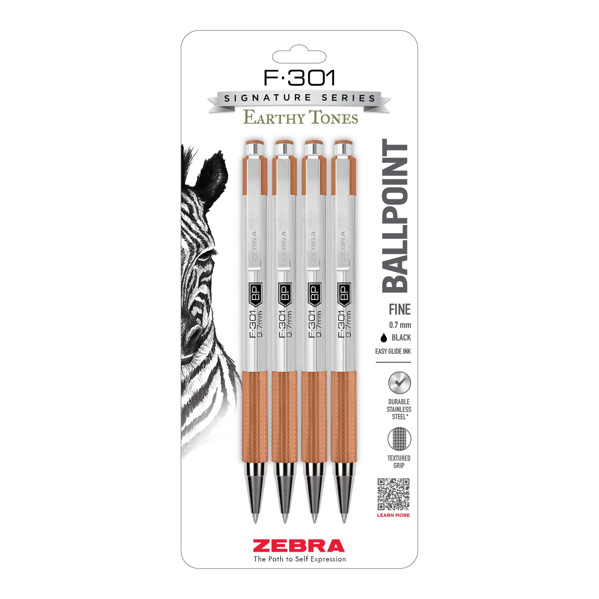 Zebra Pen F-301 Signature Series Retractable Ballpoint Pen, Black Ink, 0.7mm Fine, Stainless-Steel, 4-Pack - main product image