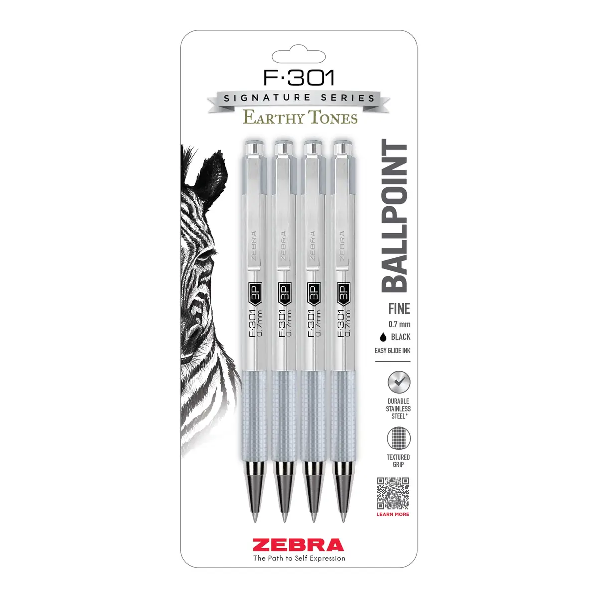 Zebra Pen F-301 Signature Series Ballpoint Pen 0.7mm | Durable Stainless Steel, Precise Black Ink, Refillable (4-Pack) - main product image
