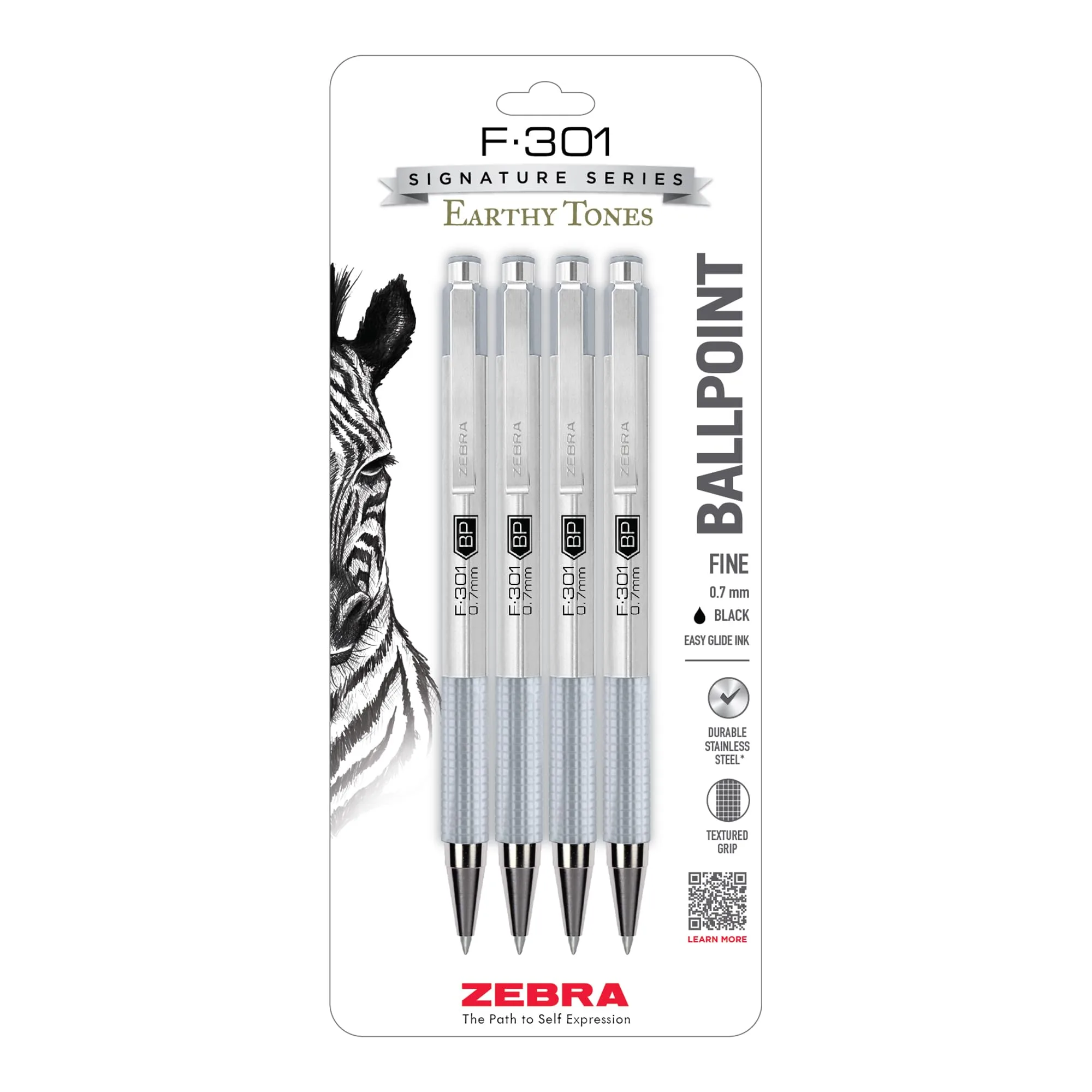 Zebra Pen F-301 Signature Series Retractable Ballpoint Pen, 0.7mm, Black Ink, Stainless-Steel Barrel, 4-Pack - main product image