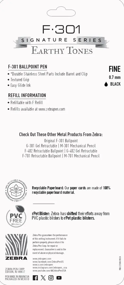 Zebra Pen F-301 Signature Series Ballpoint Pen 0.7mm | Durable Stainless Steel, Precise Black Ink, Refillable (4-Pack) - view 7
