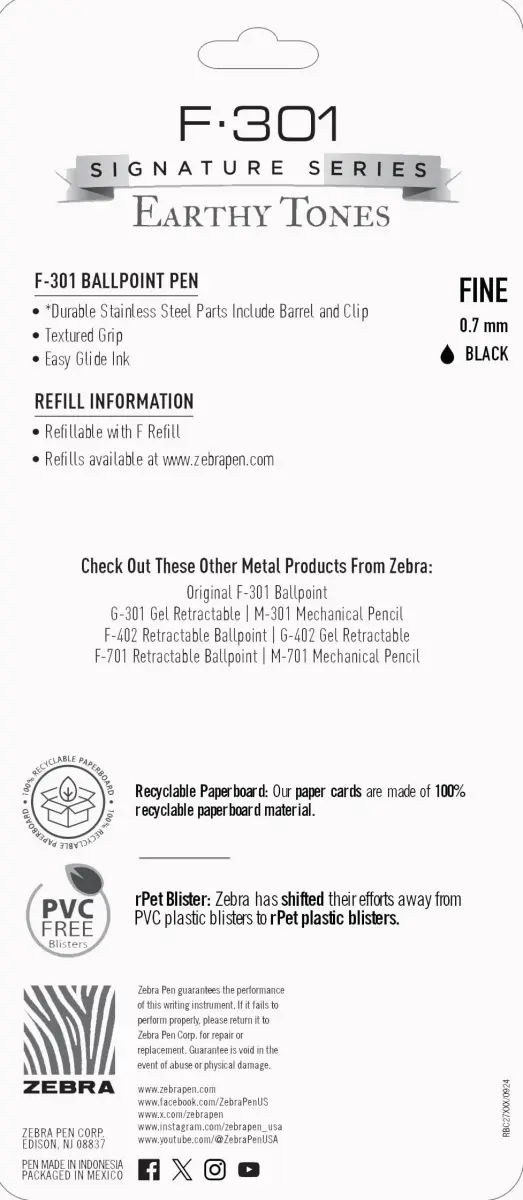 Zebra Pen F-301 Signature Series Retractable Ballpoint Pen, 0.7mm, Black Ink, Stainless-Steel Barrel, 4-Pack - view 6