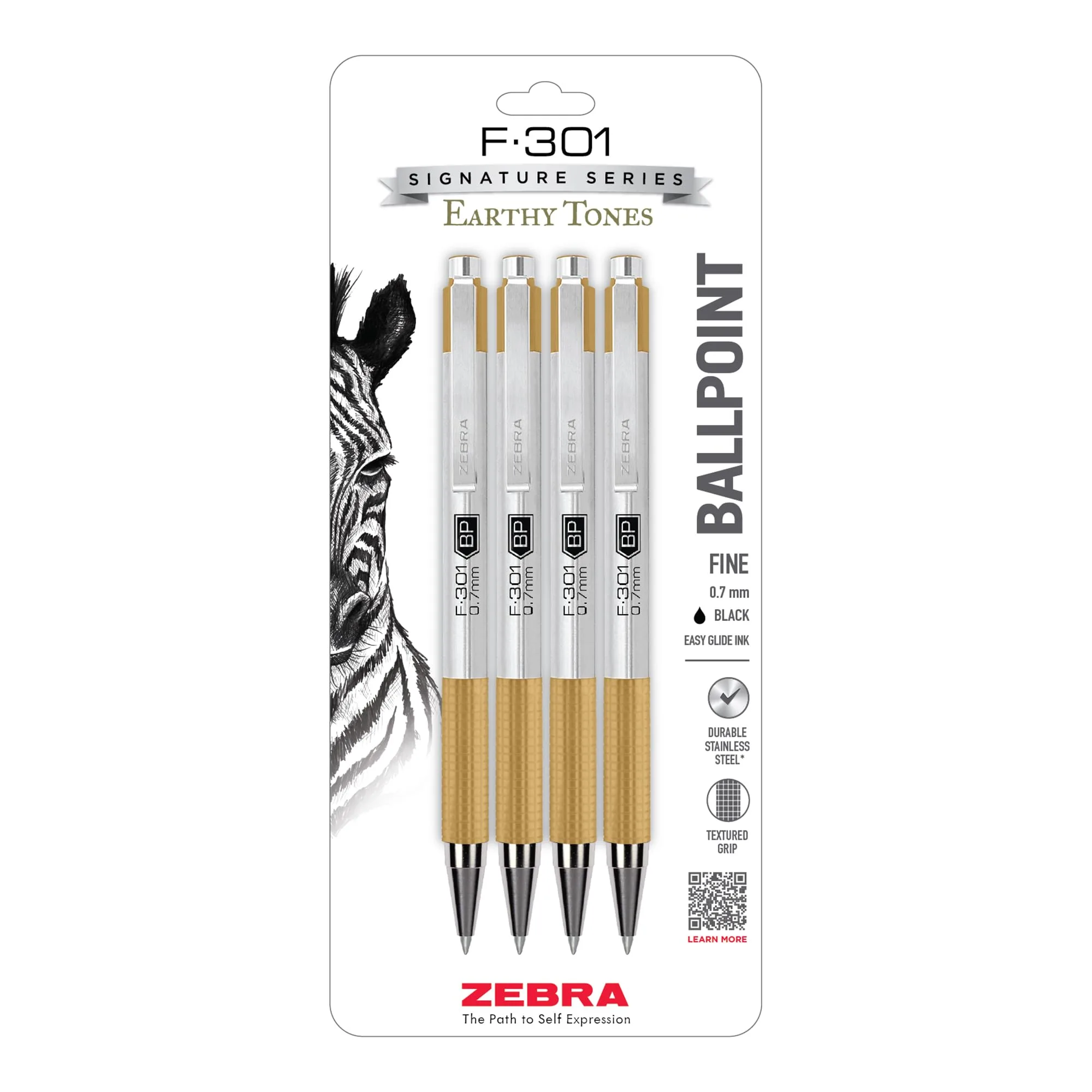 Zebra Pen F-301 Signature Series Retractable Ballpoint Pen, 0.7mm Black Ink, Stainless-Steel Barrel, 4-Pack - main product image