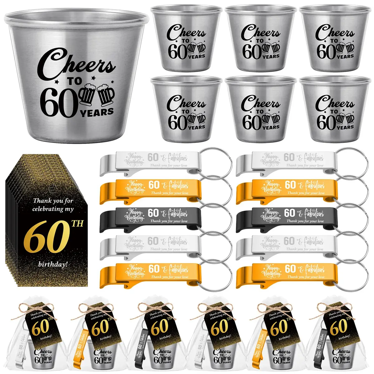 Domensi 60th Birthday Party Favors Set | Cheers to 60 Years Shot Glasses & Gifts (110 characters) - main product image