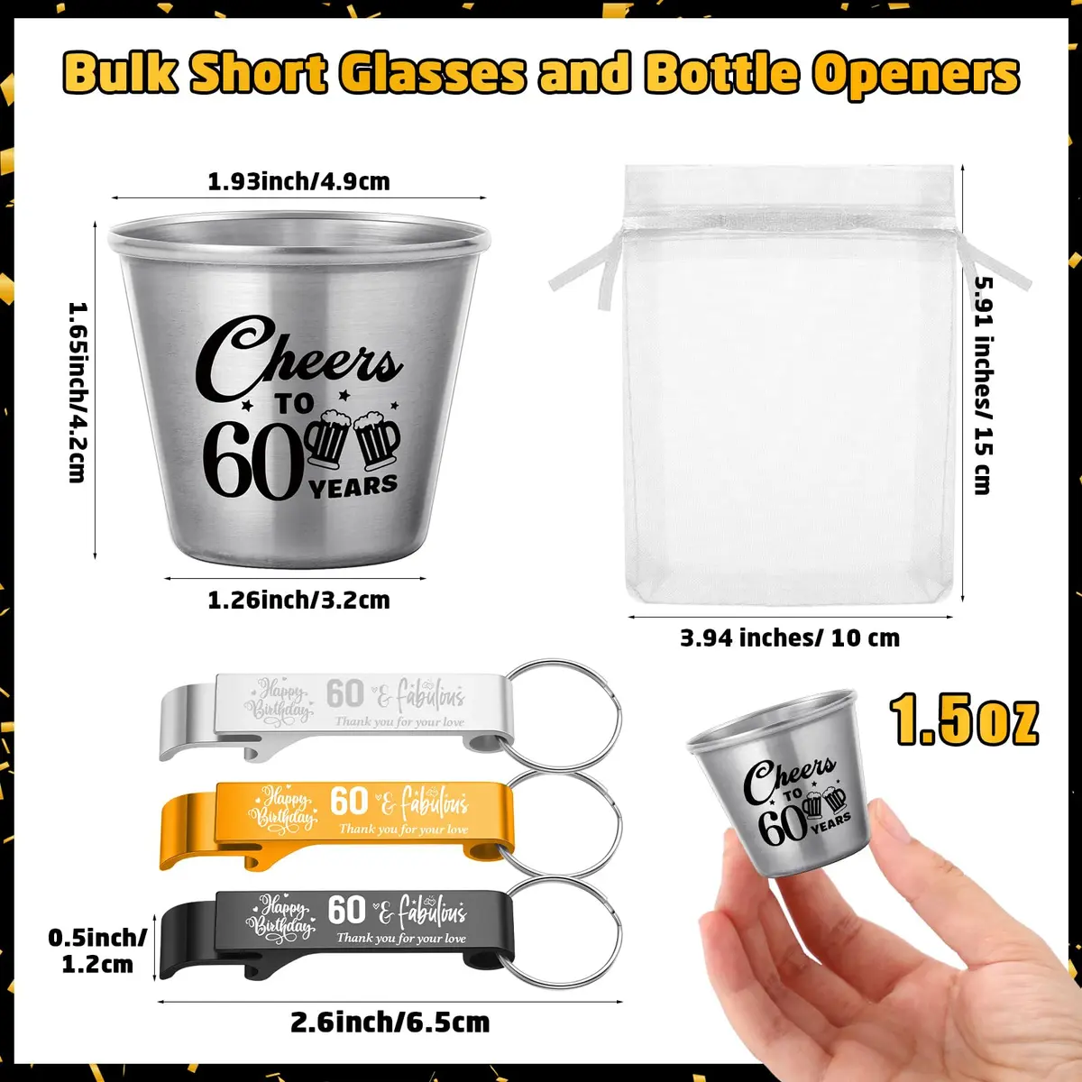 Domensi 60th Birthday Party Favors Set | Cheers to 60 Years Shot Glasses & Gifts (110 characters) - view 2