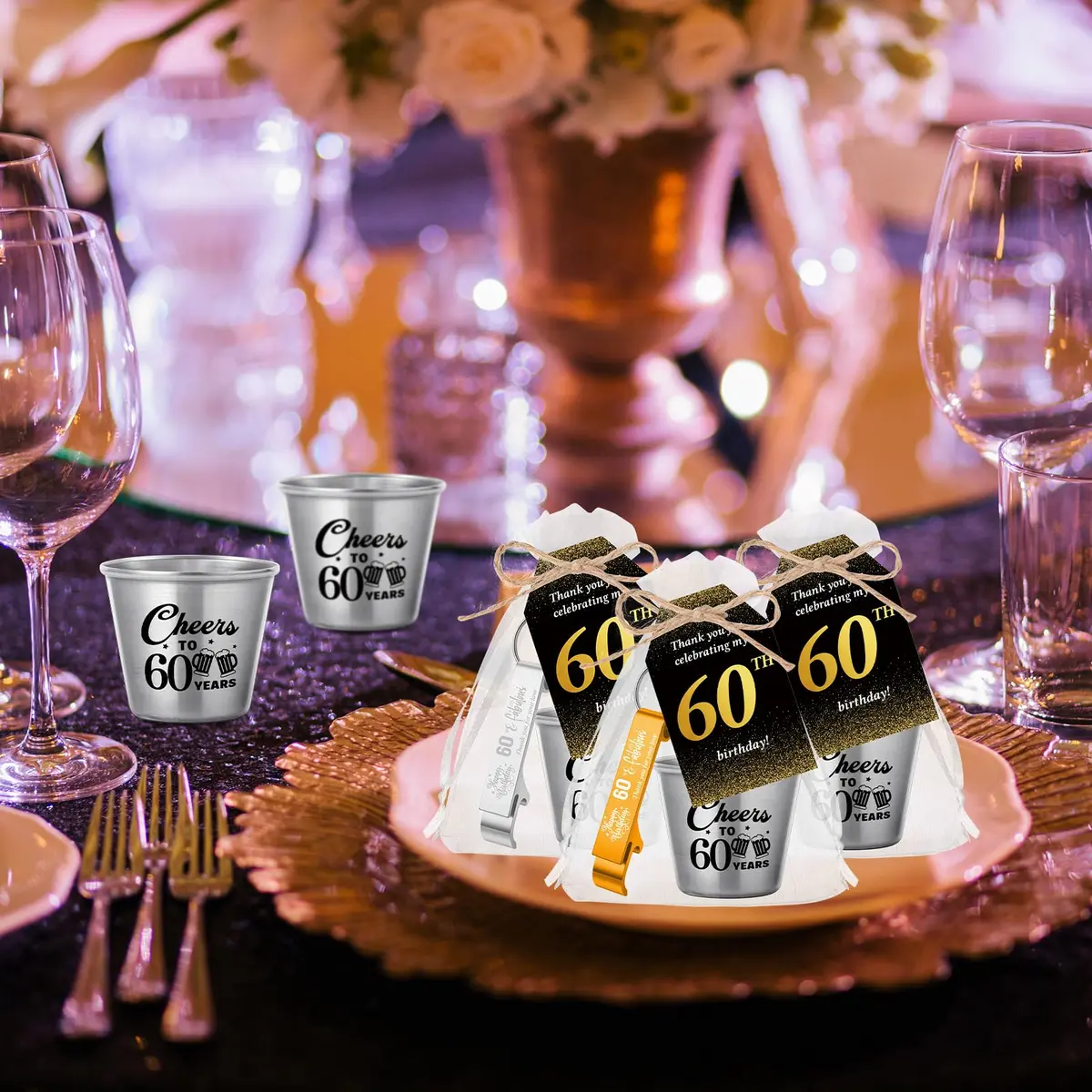 Domensi 60th Birthday Party Favors Set | Cheers to 60 Years Shot Glasses & Gifts (110 characters) - view 4