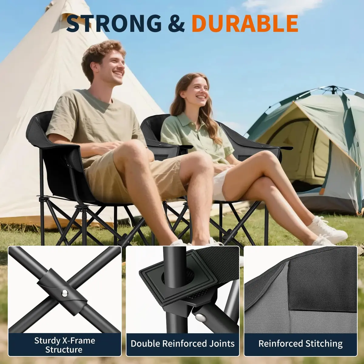 NAIZEA Padded Camping Chair, Outdoor Folding Chair, Portable Heavy Duty Arm Chairs with Side Pockets, Cup Holder for Beach, Lawn, Picnic, Fishing, Backpacking - view 5