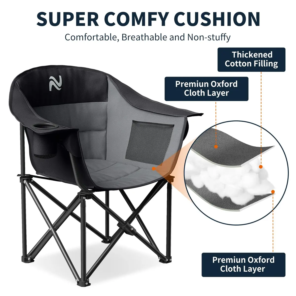 NAIZEA Padded Camping Chair, Outdoor Folding Chair, Portable Heavy Duty Arm Chairs with Side Pockets, Cup Holder for Beach, Lawn, Picnic, Fishing, Backpacking - view 2