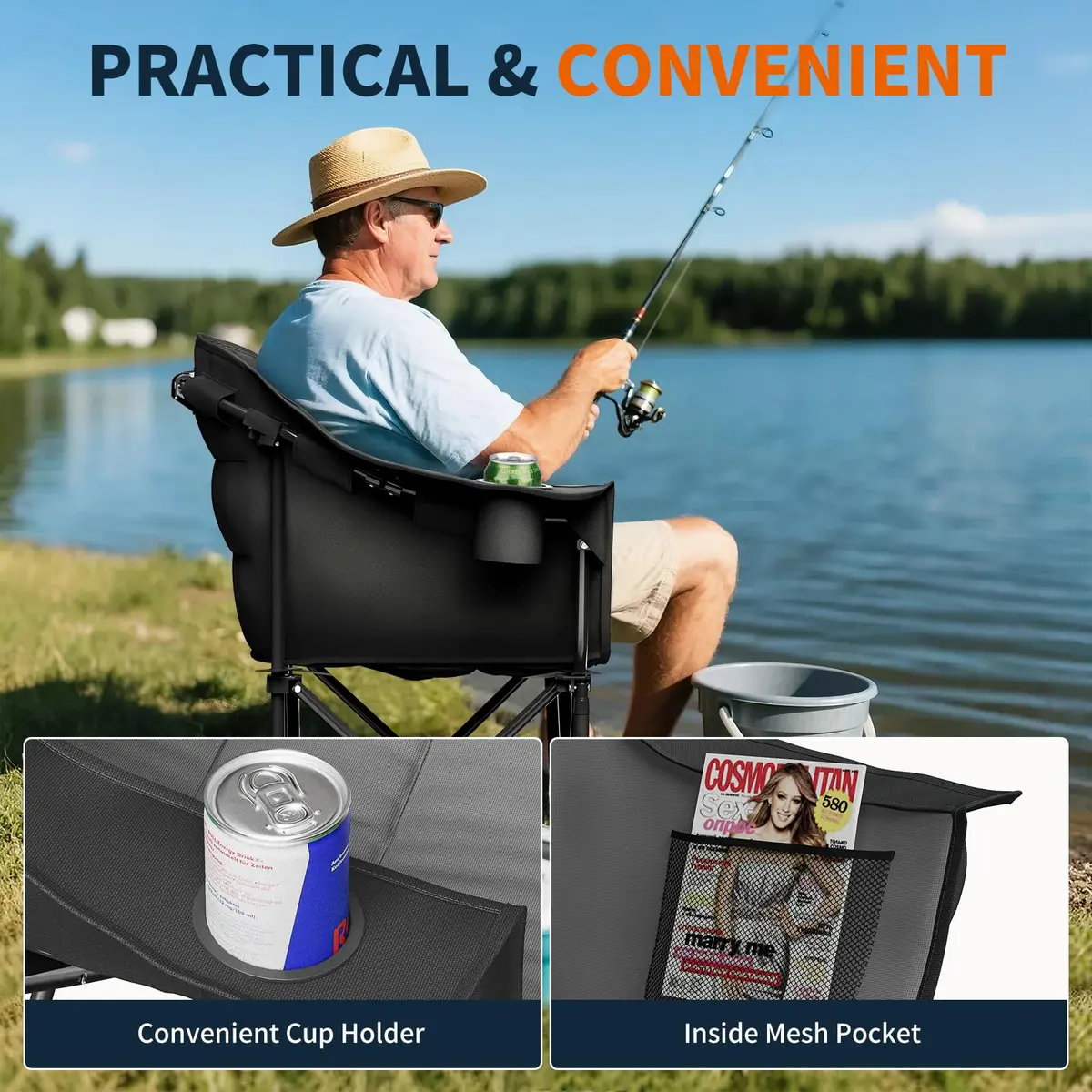 NAIZEA Padded Camping Chair, Outdoor Folding Chair, Portable Heavy Duty Arm Chairs with Side Pockets, Cup Holder for Beach, Lawn, Picnic, Fishing, Backpacking - view 3