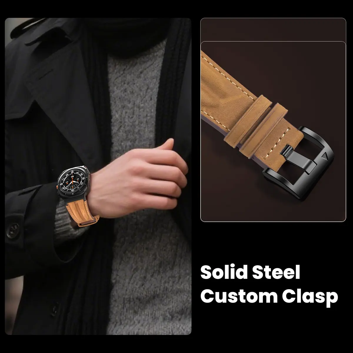 Bouixel Genuine Leather Band for Samsung Galaxy Watch Ultra 2/1 47mm | Black-Deep Brown - view 6