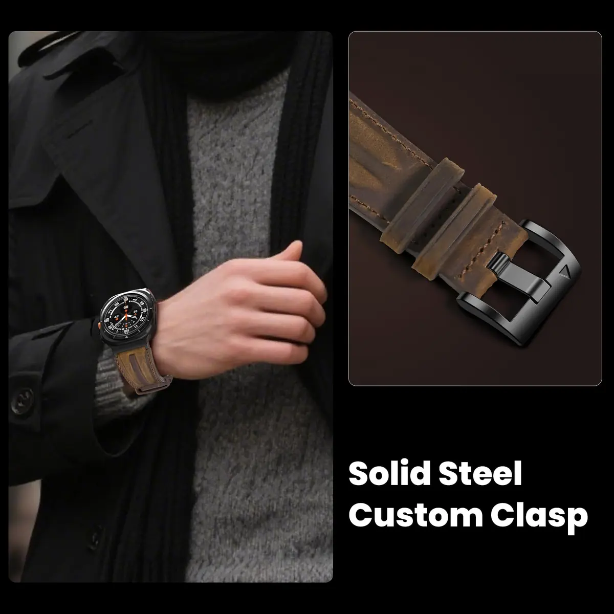 Bouixel Genuine Leather Band for Samsung Galaxy Watch Ultra 47mm | Black-Dark Coffee - view 6