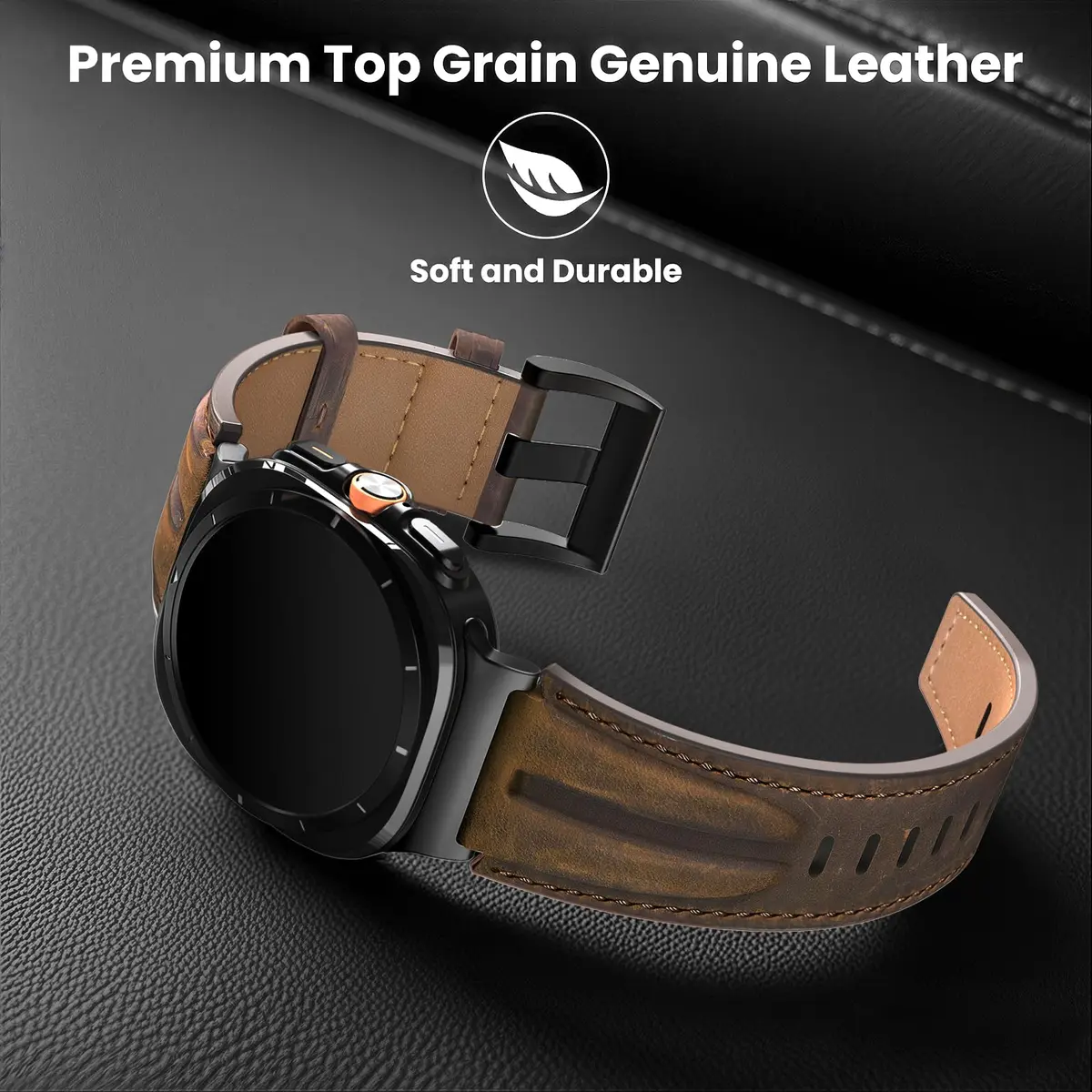 Bouixel Genuine Leather Band for Samsung Galaxy Watch Ultra 47mm | Black-Dark Coffee - view 4