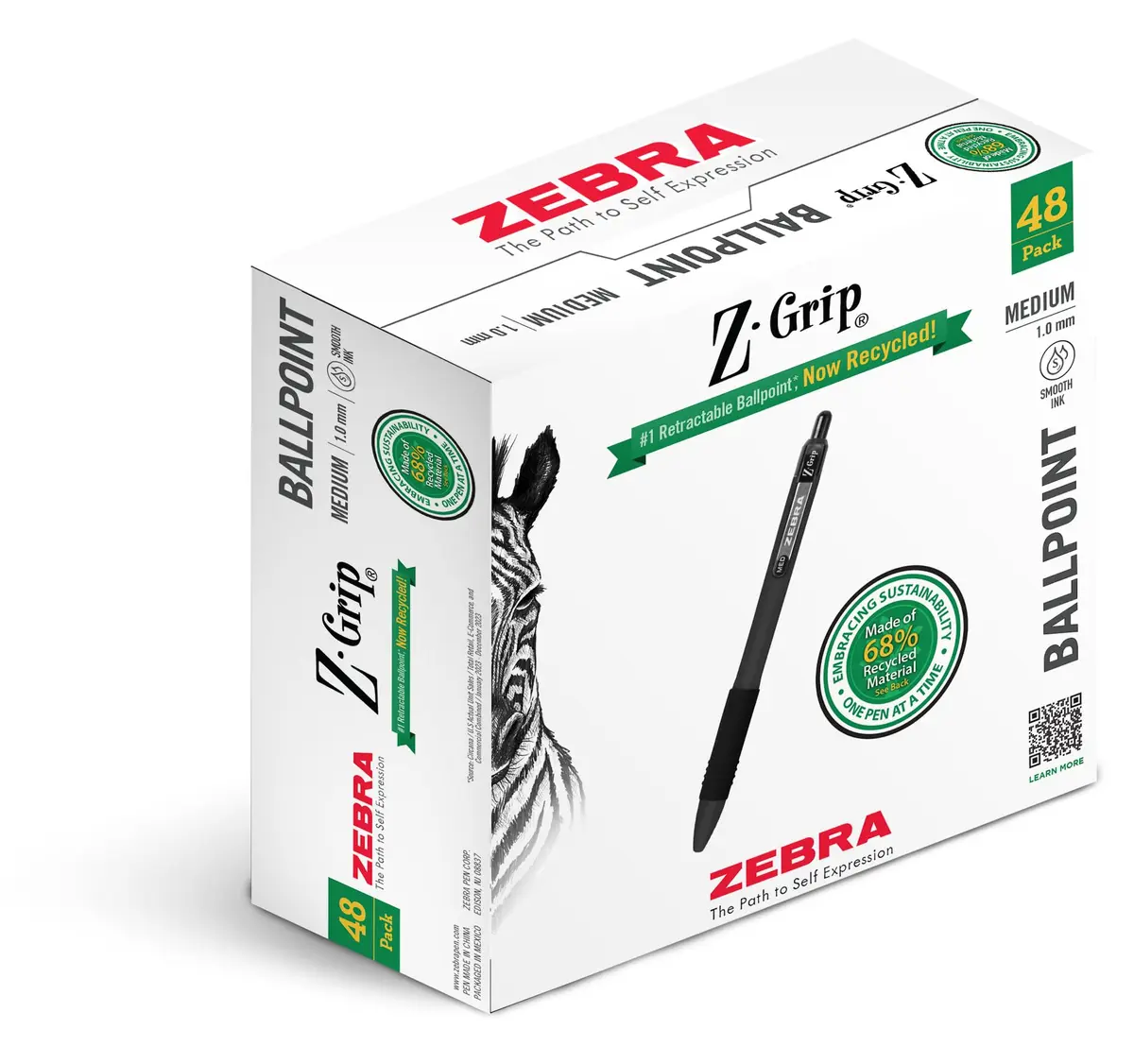 Zebra Pen Z-Grip Recycled Ballpoint Pen, Black Ink, 1.0mm, 48 Bulk-Pack | Smooth Writing, Retractable, 68% Recycled - main product image