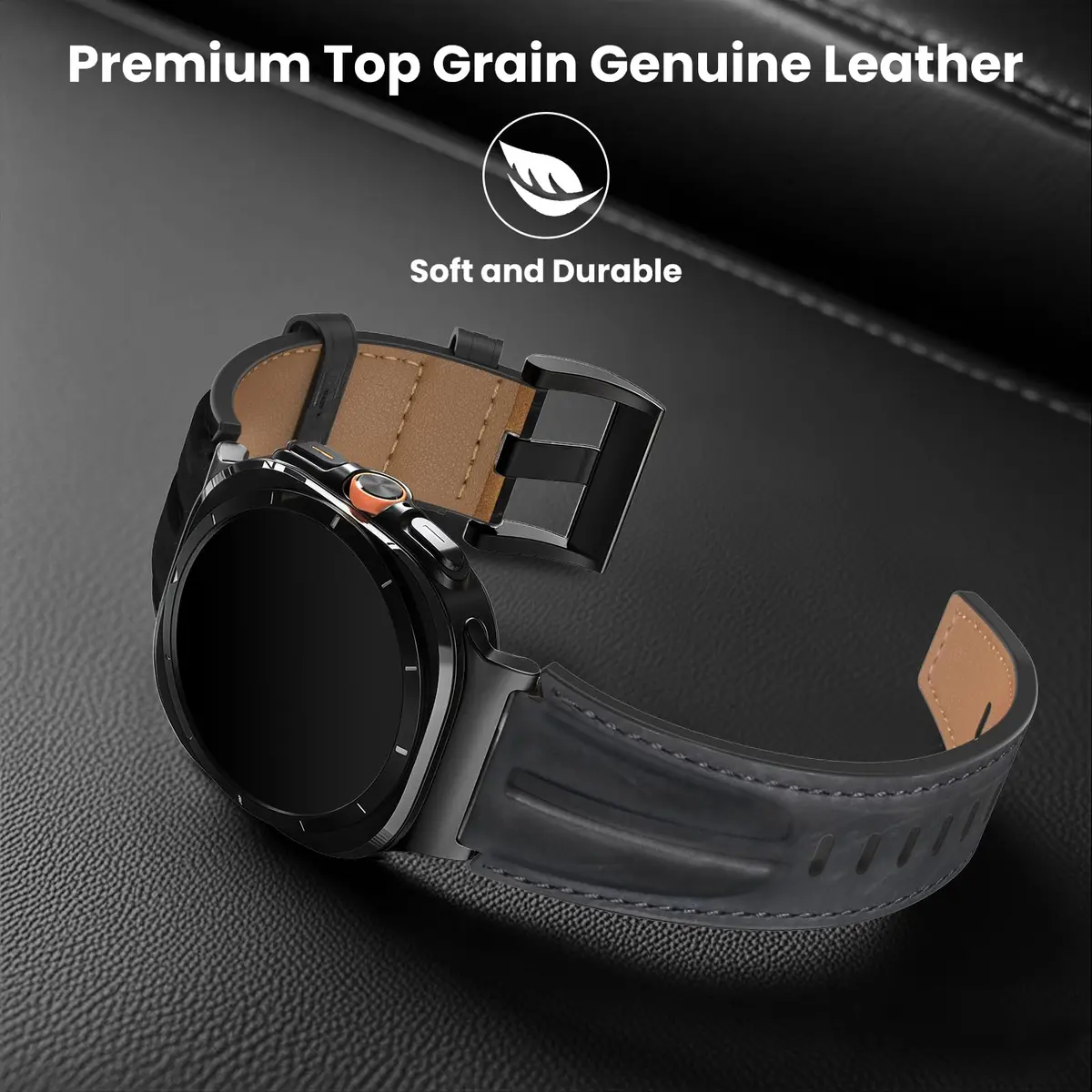 Bouixel Genuine Leather Band for Samsung Galaxy Watch Ultra 2/1 47mm | Black-Black - view 4
