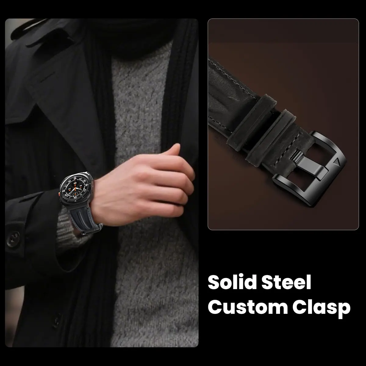 Bouixel Genuine Leather Band for Samsung Galaxy Watch Ultra 2/1 47mm | Black-Black - view 6