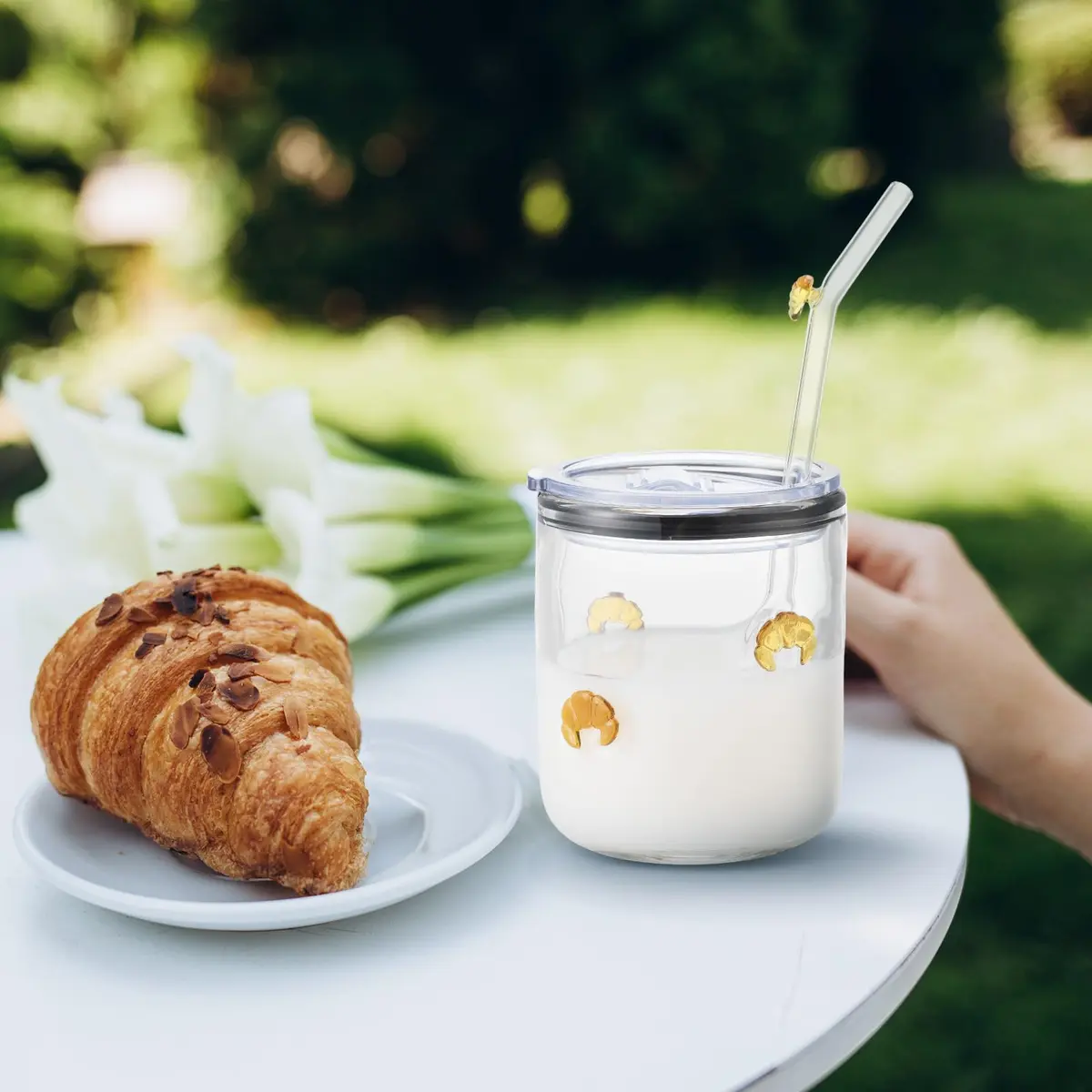 SiliFine Croissant 14 oz Glass Tumbler with Slider Lid & Straw | Durable, Elegant Drinkware for Home & Gifts - view 6