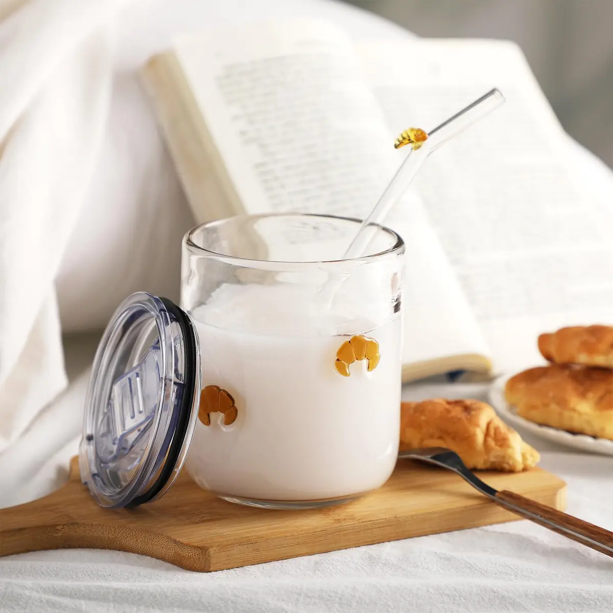 SiliFine Croissant 14 oz Glass Tumbler with Slider Lid & Straw | Durable, Elegant Drinkware for Home & Gifts - view 2