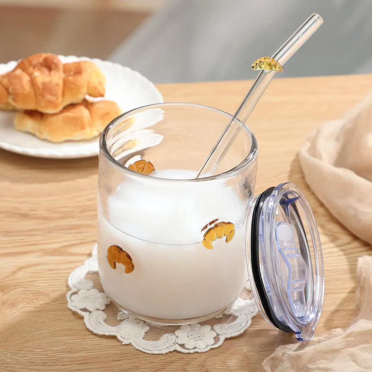 SiliFine Croissant 14 oz Glass Tumbler with Slider Lid & Straw | Durable, Elegant Drinkware for Home & Gifts - view 3