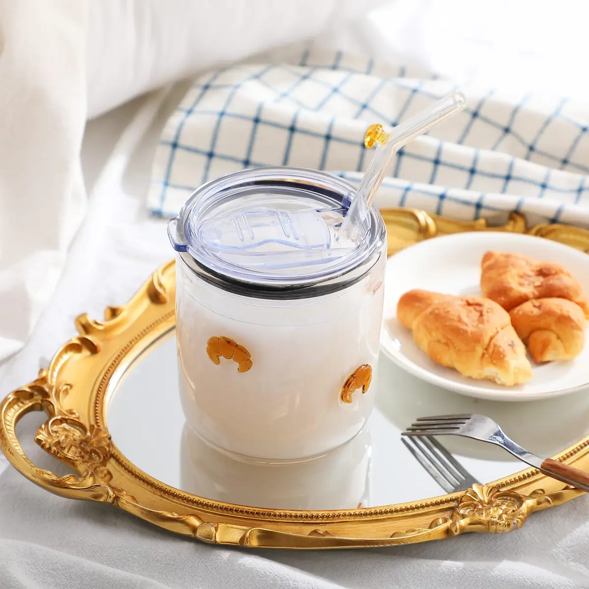 SiliFine Croissant 14 oz Glass Tumbler with Slider Lid & Straw | Durable, Elegant Drinkware for Home & Gifts - view 4