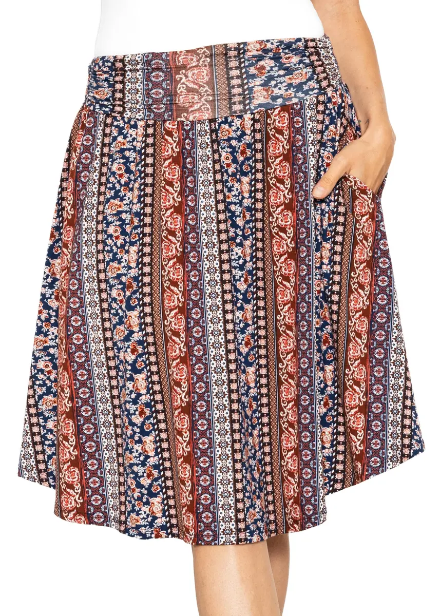 STRETCH IS COMFORT Women's Pocket Skirt Boho Natural Floral Medium | Flared Mid Length with Pockets - main product image