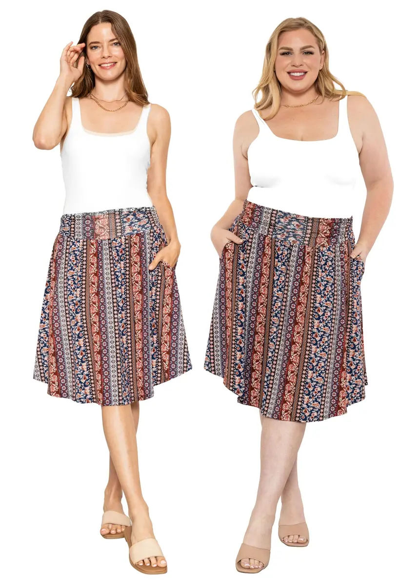 STRETCH IS COMFORT Women's Pocket Skirt Boho Natural Floral Medium | Flared Mid Length with Pockets - view 2