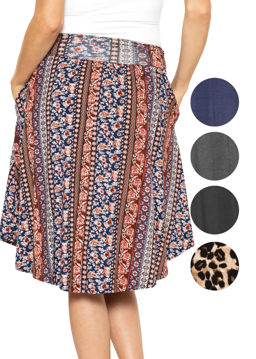 STRETCH IS COMFORT Women's Pocket Skirt Boho Natural Floral Medium | Flared Mid Length with Pockets - view 3