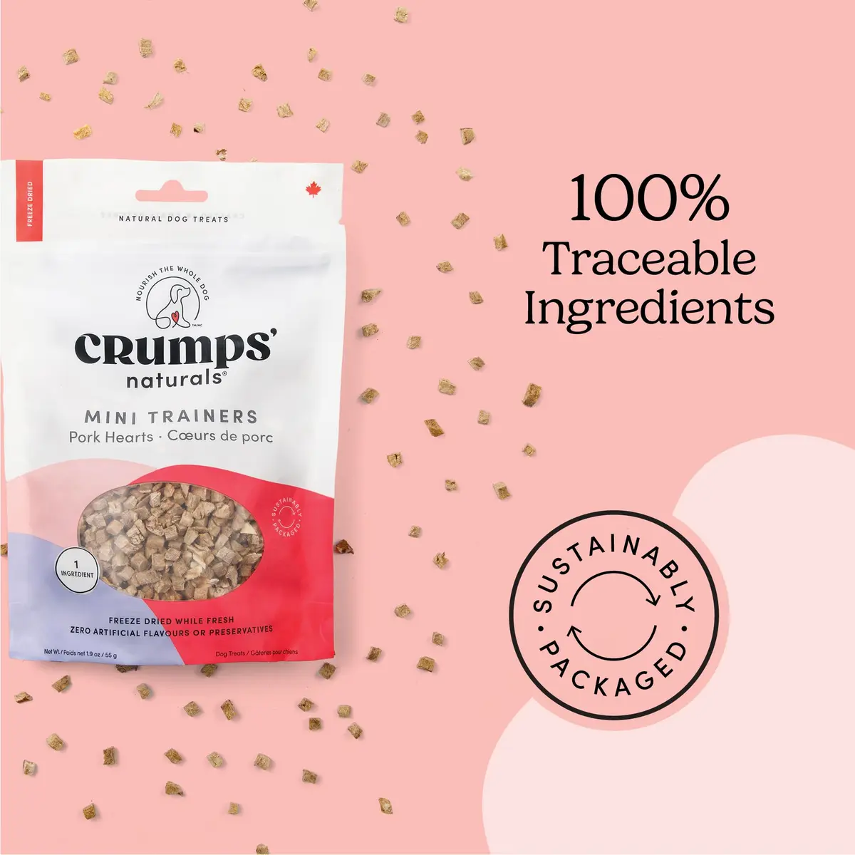 Crumps’ Naturals Mini Trainers Freeze Dried Pork Hearts 1.9oz | Protein & Training Reward (120c) - view 9