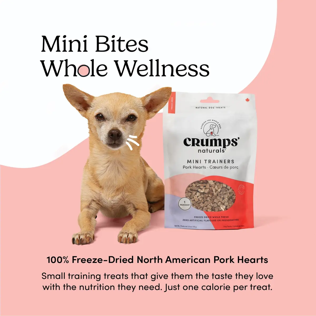 Crumps’ Naturals Mini Trainers Freeze Dried Pork Hearts 1.9oz | Protein & Training Reward (120c) - view 2