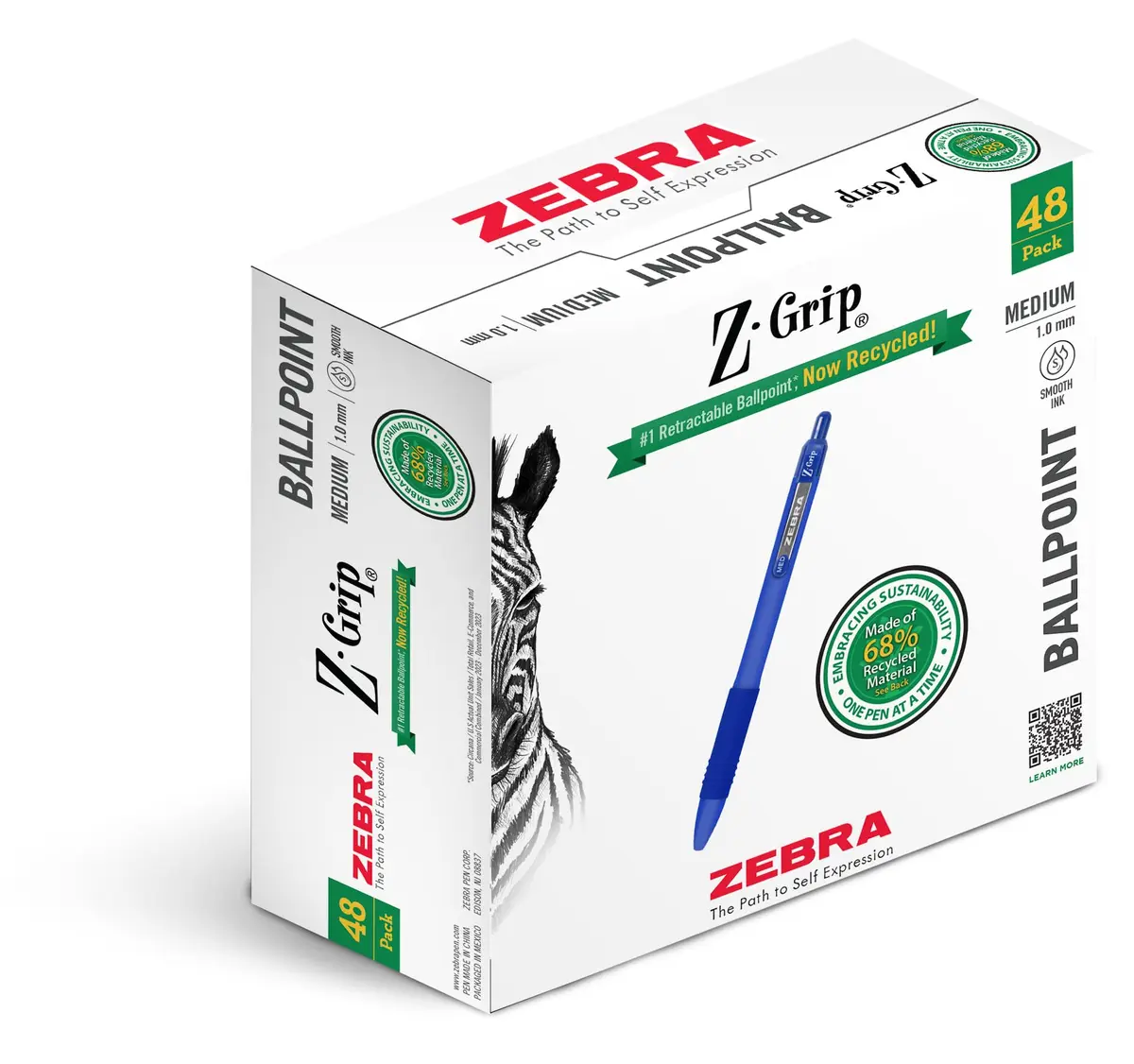 Zebra Pen Z-Grip Recycled Ballpoint Pen, Blue Ink, 1.0mm, 48 Bulk-Pack | Smooth Writing Pens for Office & School - main product image
