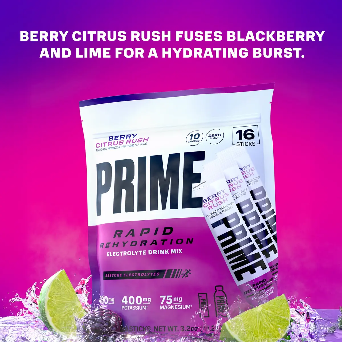 PRIME Rapid Rehydration Electrolyte Powder Sticks, Berry Citrus Rush | Sugar Free Hydration Drink Mix, 16 Count, USA Import - view 2