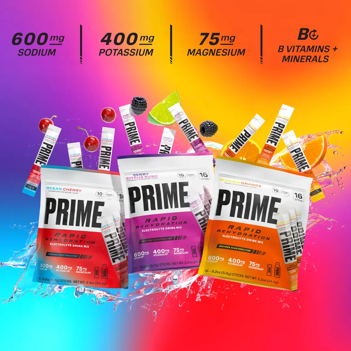 PRIME Rapid Rehydration Electrolyte Powder Sticks, Berry Citrus Rush | Sugar Free Hydration Drink Mix, 16 Count, USA Import - view 3