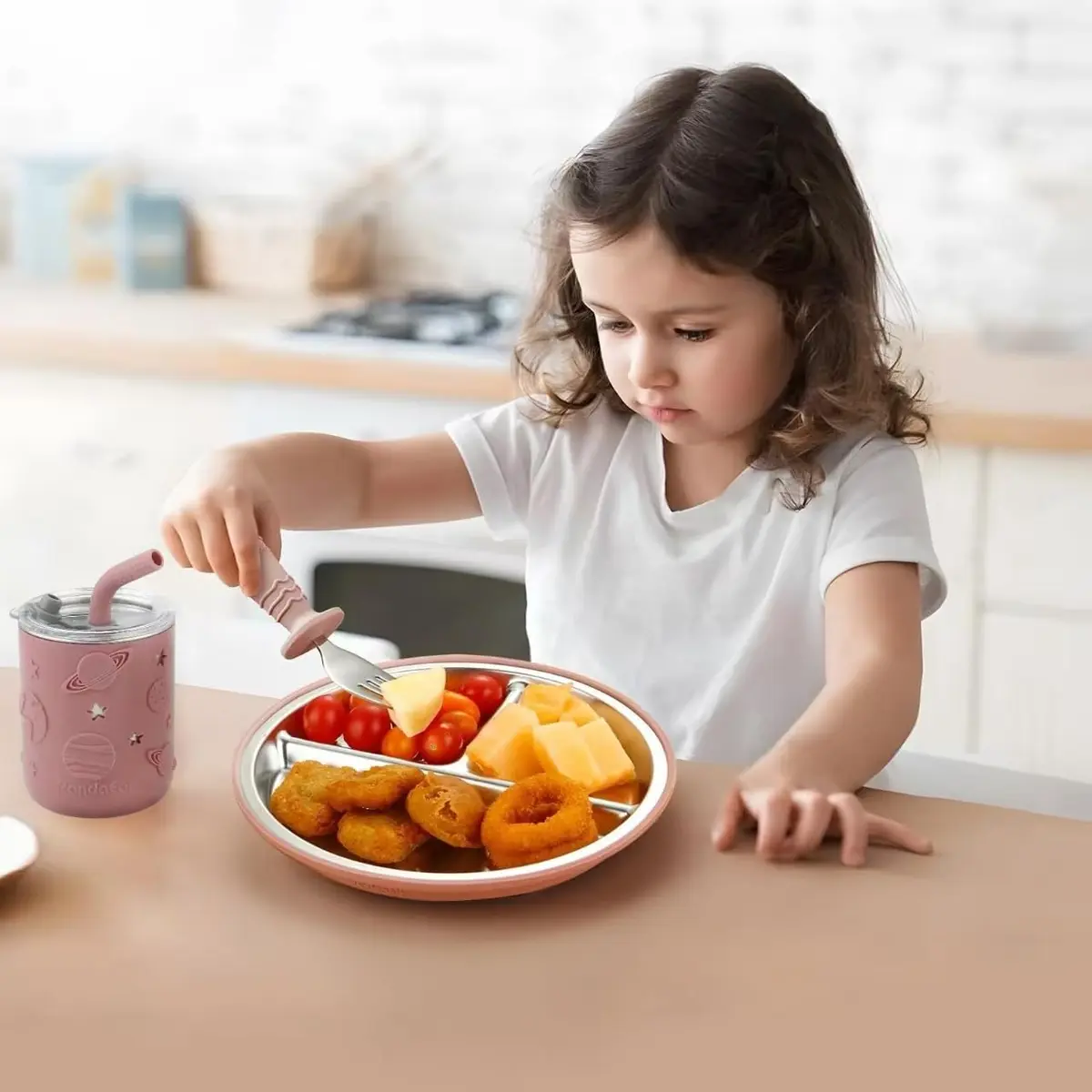 PandaEar Stainless Steel Baby Feeding Set | 2 Divided Plates, 2 Straw Cups, 2 Utensil Sets | 8-Piece Pink Set - view 2