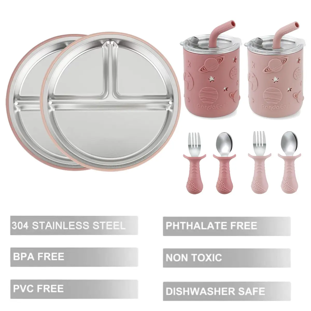 PandaEar Stainless Steel Baby Feeding Set | 2 Divided Plates, 2 Straw Cups, 2 Utensil Sets | 8-Piece Pink Set - view 3