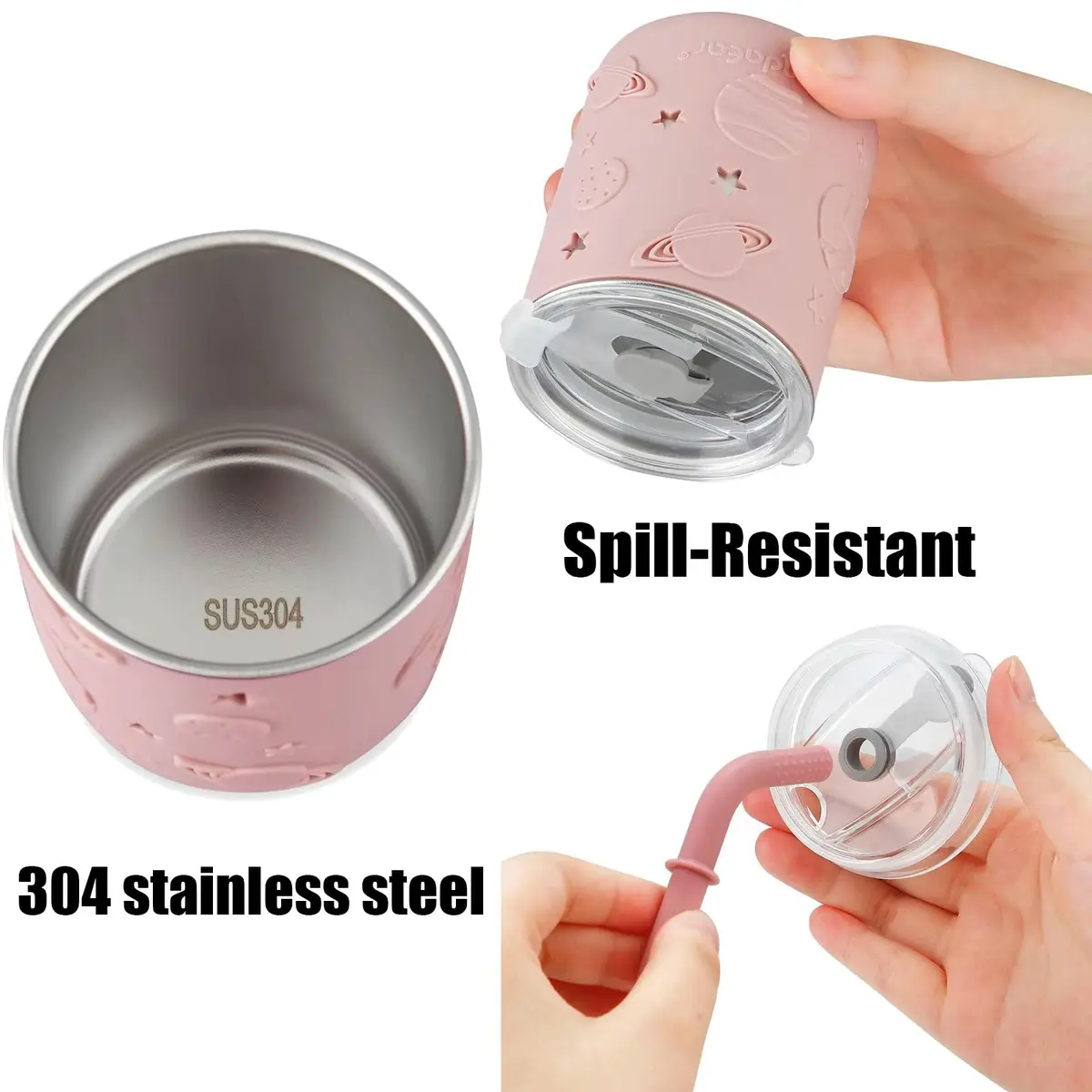 PandaEar Stainless Steel Baby Feeding Set | 2 Divided Plates, 2 Straw Cups, 2 Utensil Sets | 8-Piece Pink Set - view 4