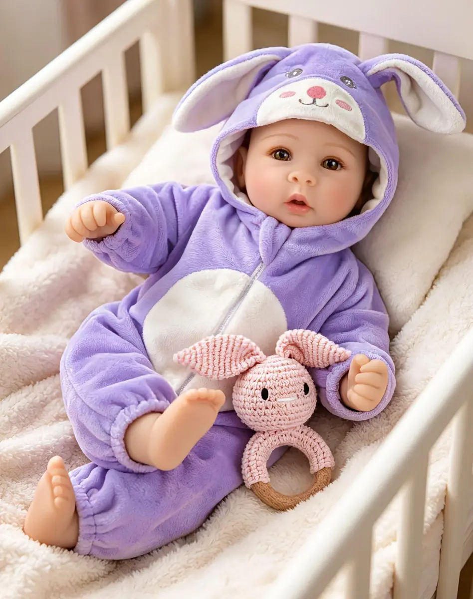UOFTKIZ Realistic Baby Doll 17 Inch Soft Cloth Body with Purple Rabbit Outfit | Pretend Play Toy for Ages 3+ - main product image