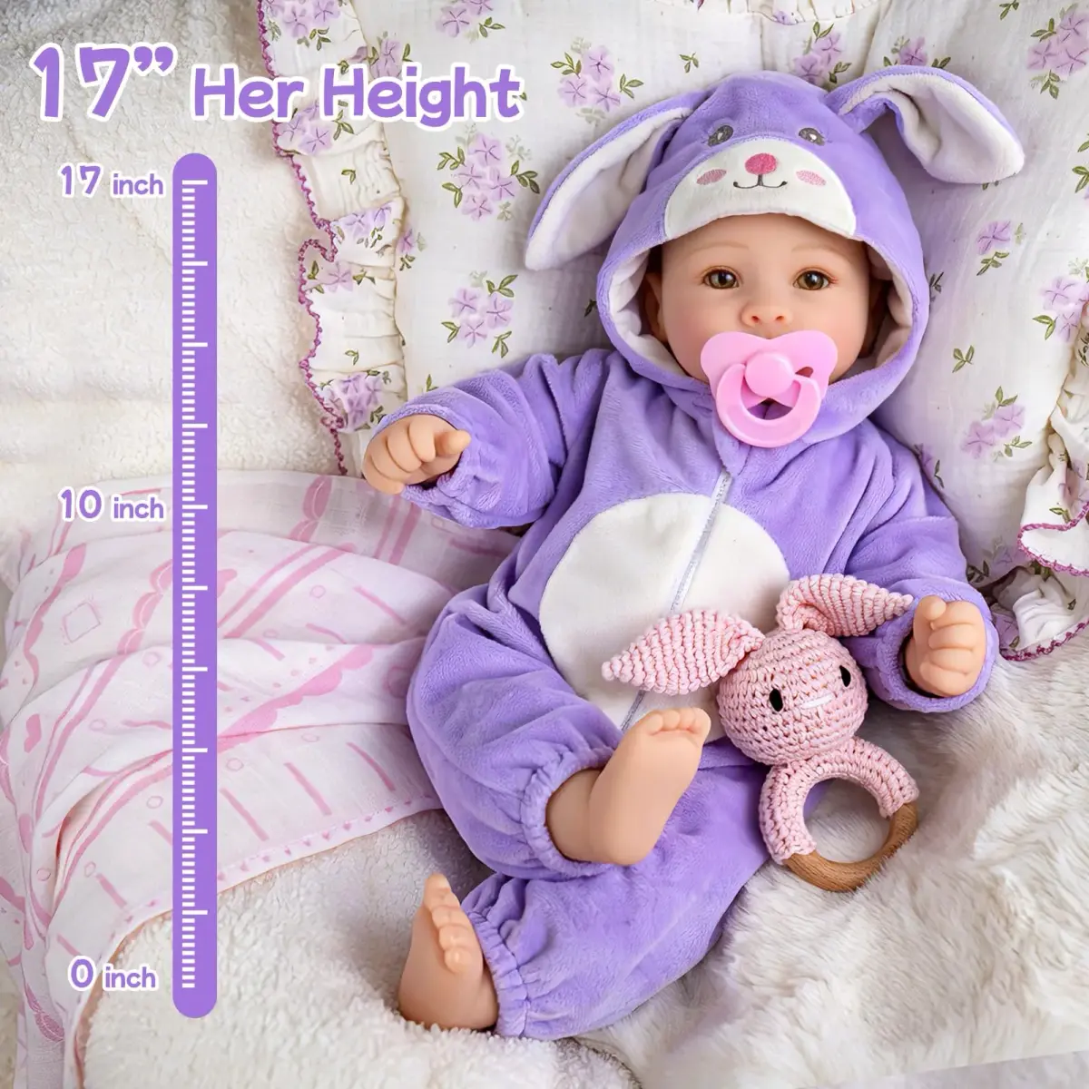 UOFTKIZ Realistic Baby Doll 17 Inch Soft Cloth Body with Purple Rabbit Outfit | Pretend Play Toy for Ages 3+ - view 5