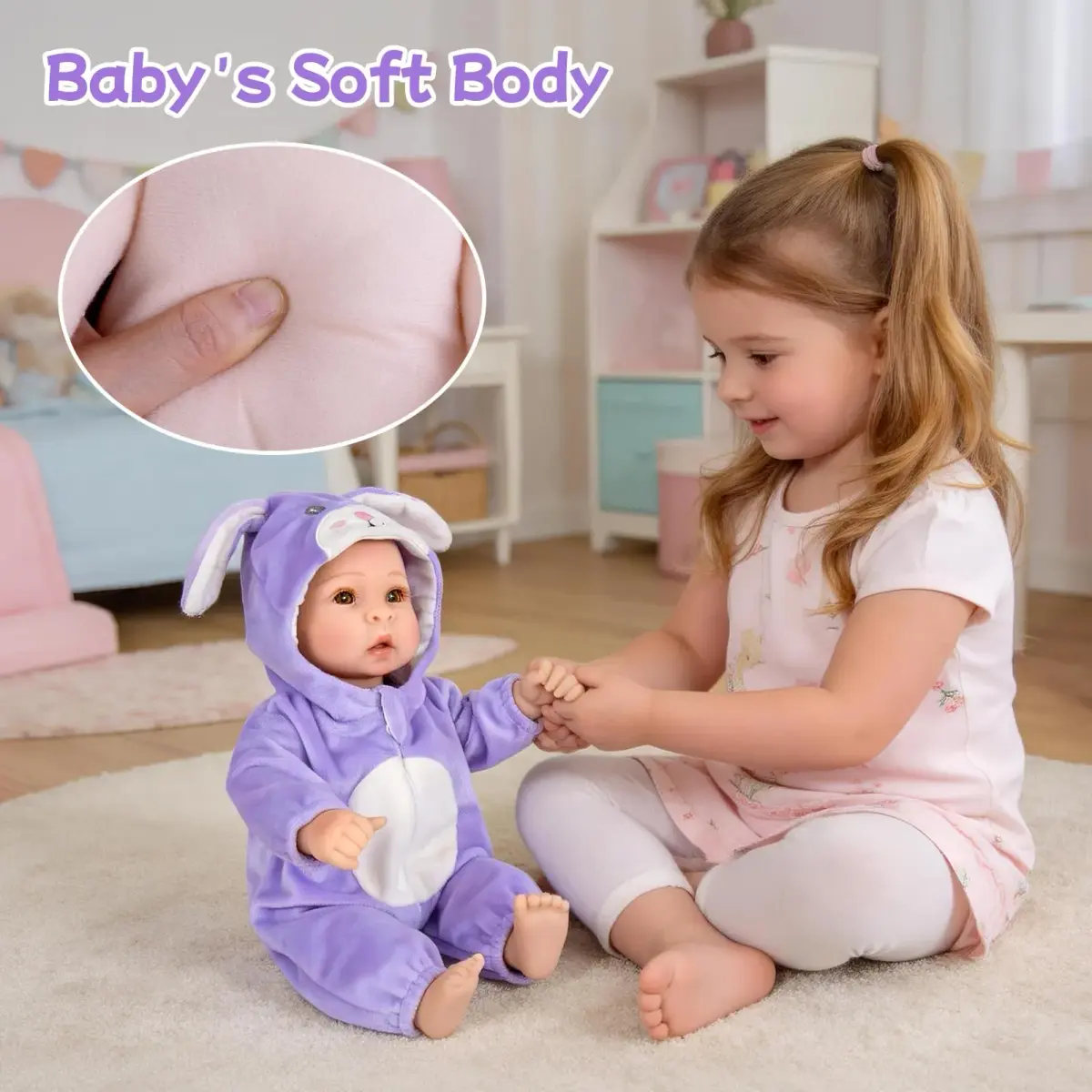 UOFTKIZ Realistic Baby Doll 17 Inch Soft Cloth Body with Purple Rabbit Outfit | Pretend Play Toy for Ages 3+ - view 6
