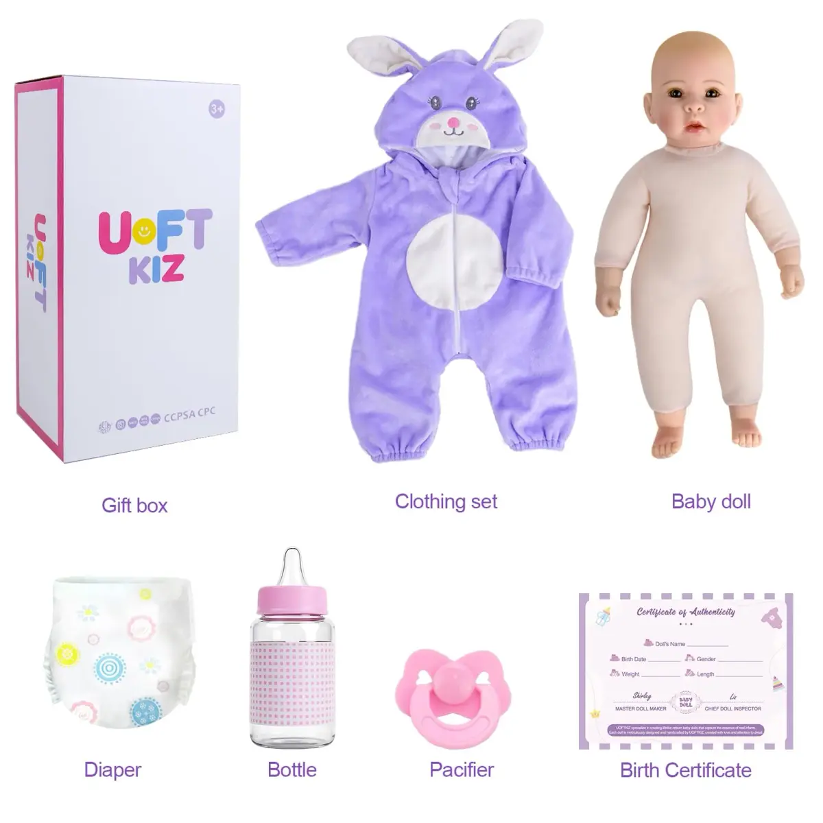 UOFTKIZ Realistic Baby Doll 17 Inch Soft Cloth Body with Purple Rabbit Outfit | Pretend Play Toy for Ages 3+ - view 7