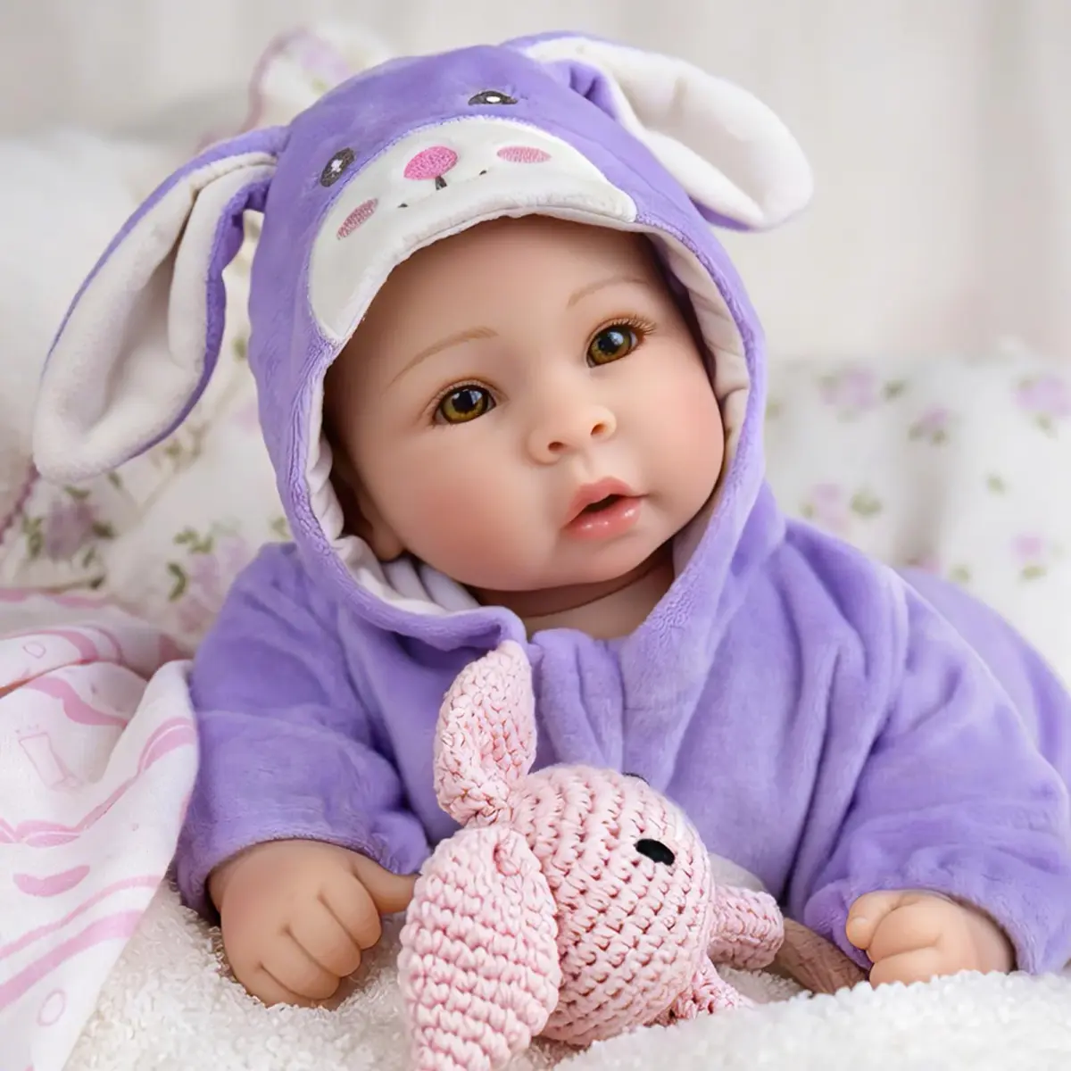 UOFTKIZ Realistic Baby Doll 17 Inch Soft Cloth Body with Purple Rabbit Outfit | Pretend Play Toy for Ages 3+ - view 2