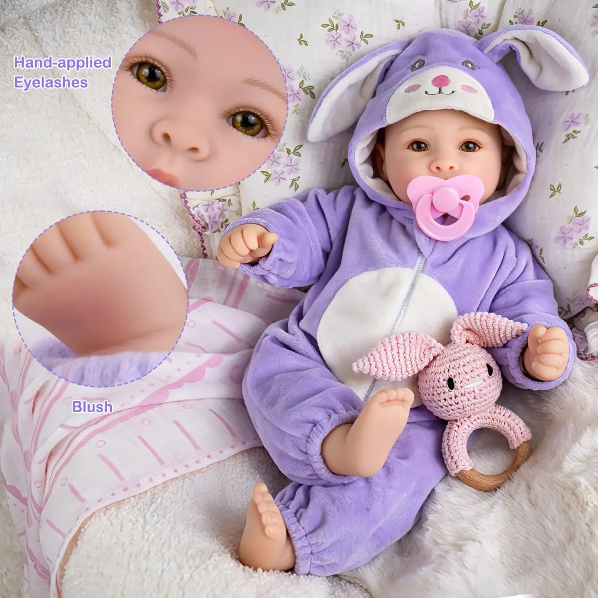 UOFTKIZ Realistic Baby Doll 17 Inch Soft Cloth Body with Purple Rabbit Outfit | Pretend Play Toy for Ages 3+ - view 3