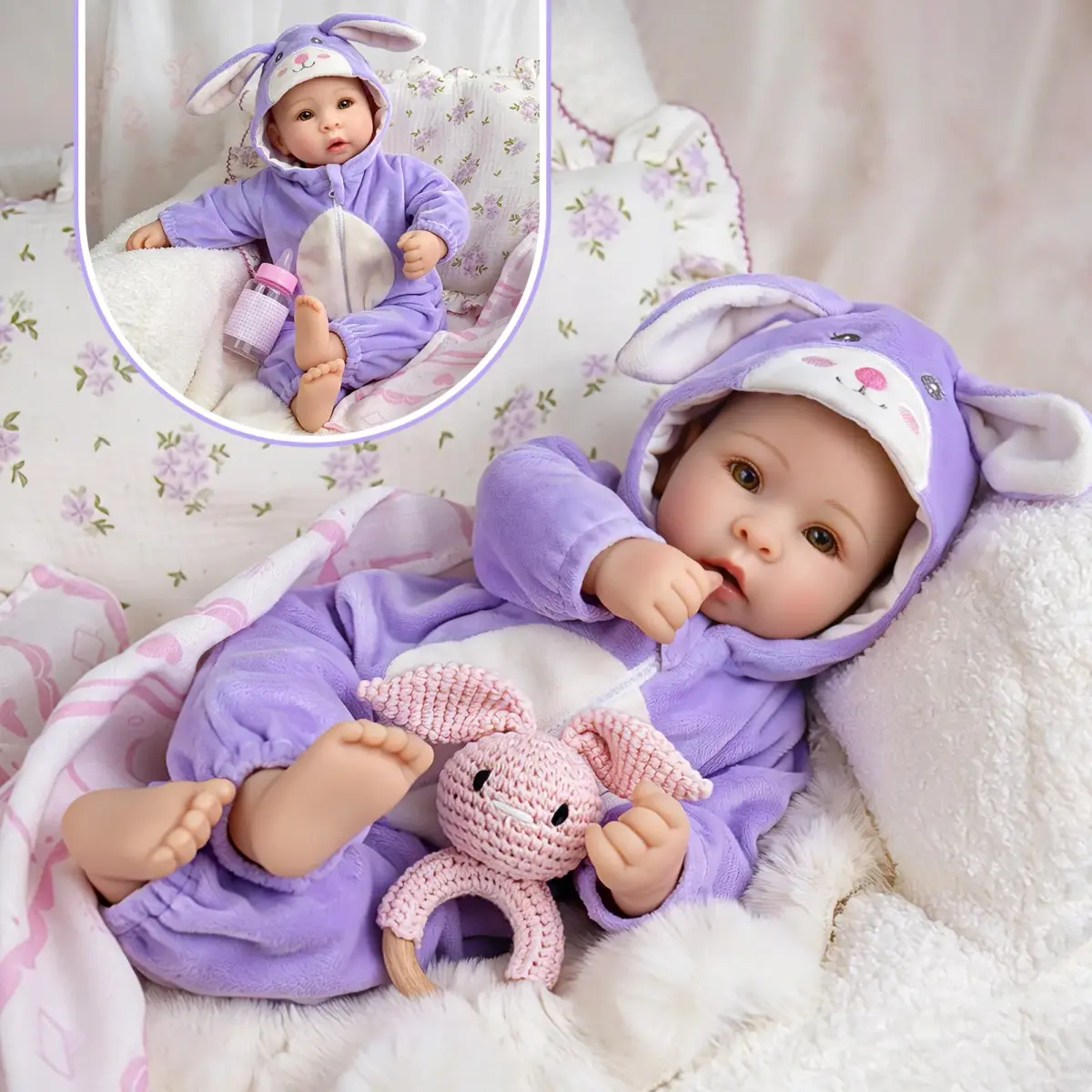 UOFTKIZ Realistic Baby Doll 17 Inch Soft Cloth Body with Purple Rabbit Outfit | Pretend Play Toy for Ages 3+ - view 4
