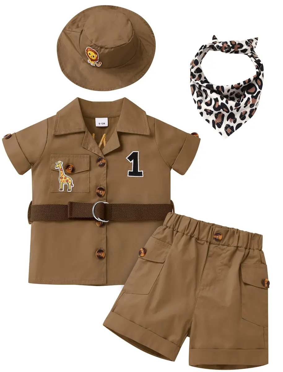 IBTOM CASTLE Baby Boys Wild One Birthday Outfit Brown 12-18 Months | Safari Explorer 5-Piece Set - main product image