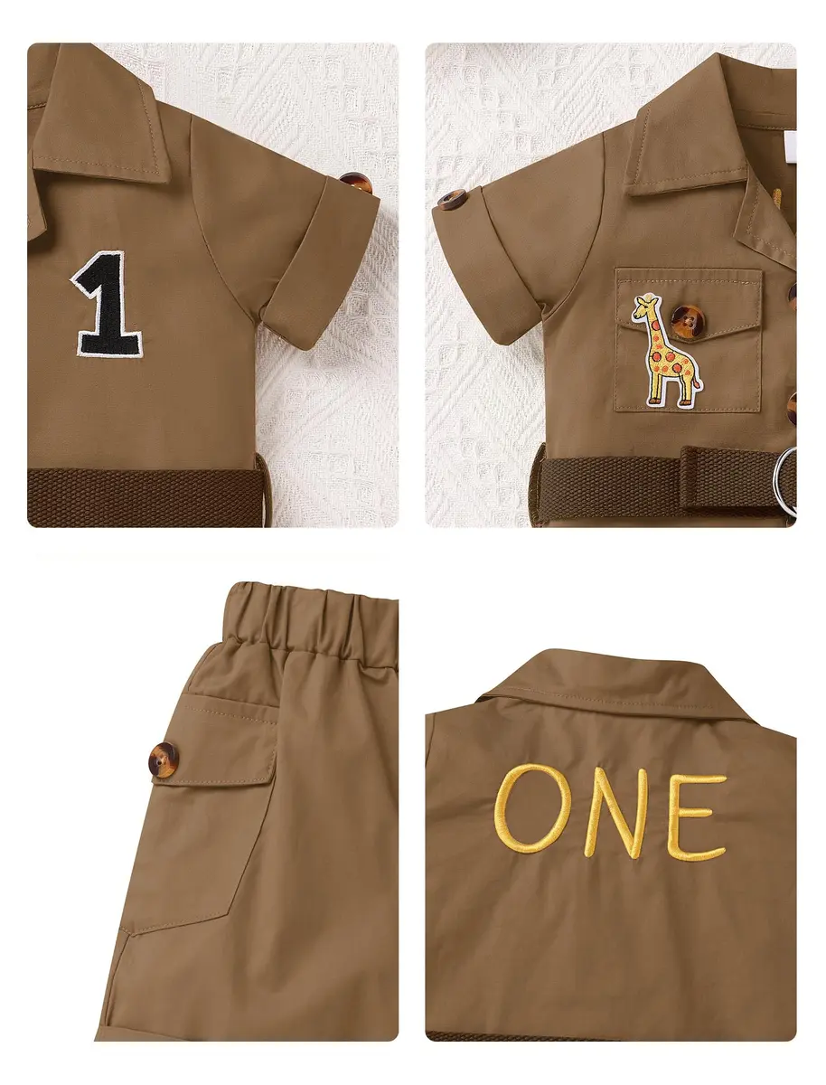 IBTOM CASTLE Baby Boys Wild One Birthday Outfit Brown 12-18 Months | Safari Explorer 5-Piece Set - view 5