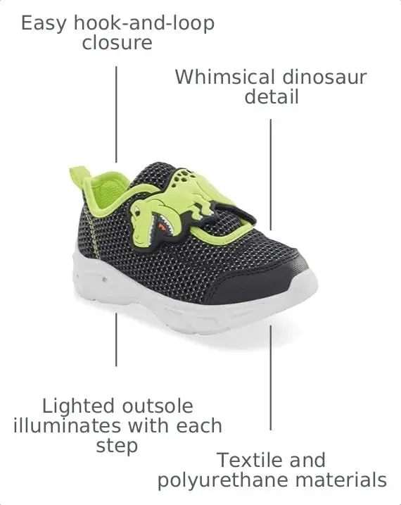 Carter's Hug Light-Up Sneakers for Girls, Black, Size M | Whimsical Dinosaur Design, Easy Hook & Loop Closure - view 4