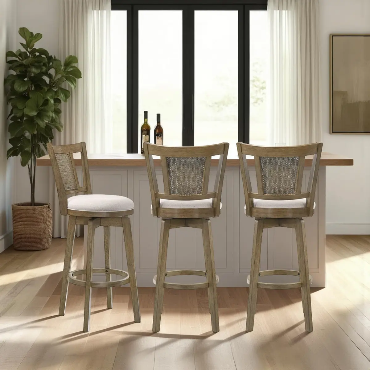 Armen Living Isla 30 in. Putty Brown Bar Height Rubberwood Swivel Barstool with Cream Fabric Seat - view 8