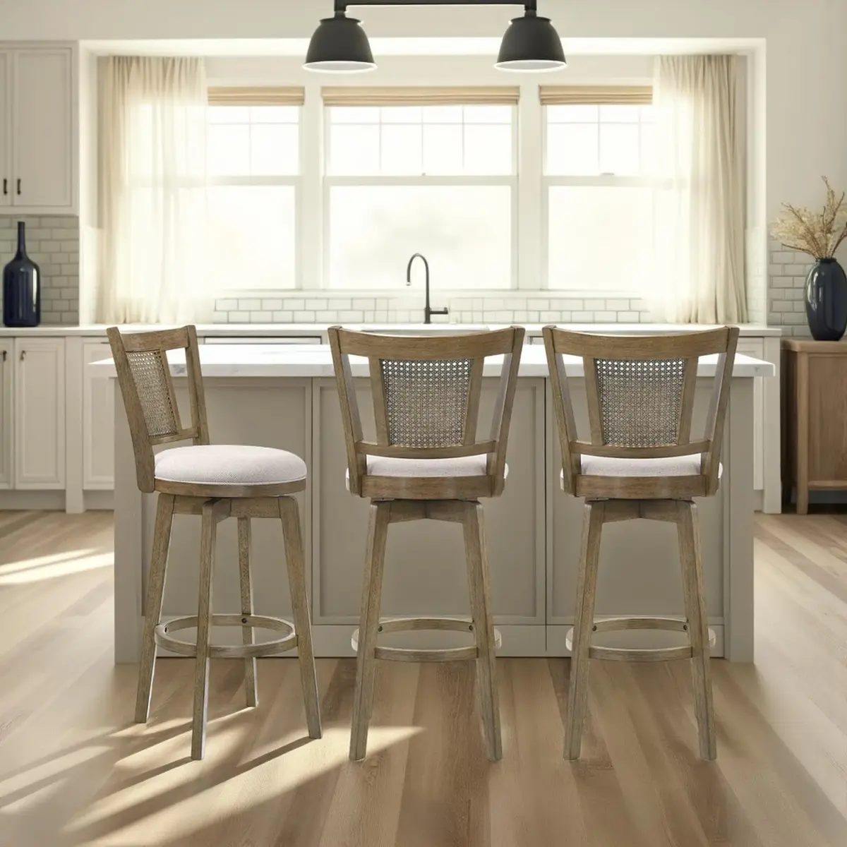 Armen Living Isla 26 in. Putty Brown Counter Height Rubberwood Swivel Barstool with Cream Fabric Seat - view 8