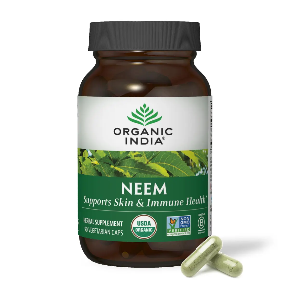 ORGANIC INDIA Neem Leaf Capsules, Herbal Supplement, Vegan, 90 Count | Supports Skin & Immunity - main product image