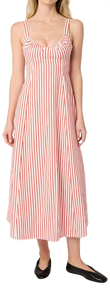 WEWOREWHAT Ruched Cup Midi Dress 4 | Vibrant Red Multi, Micro Stripe, Fall Style - main product image