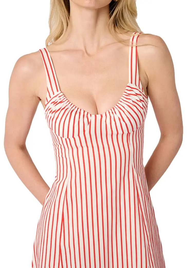 WEWOREWHAT Ruched Cup Midi Dress 4 | Vibrant Red Multi, Micro Stripe, Fall Style - view 2