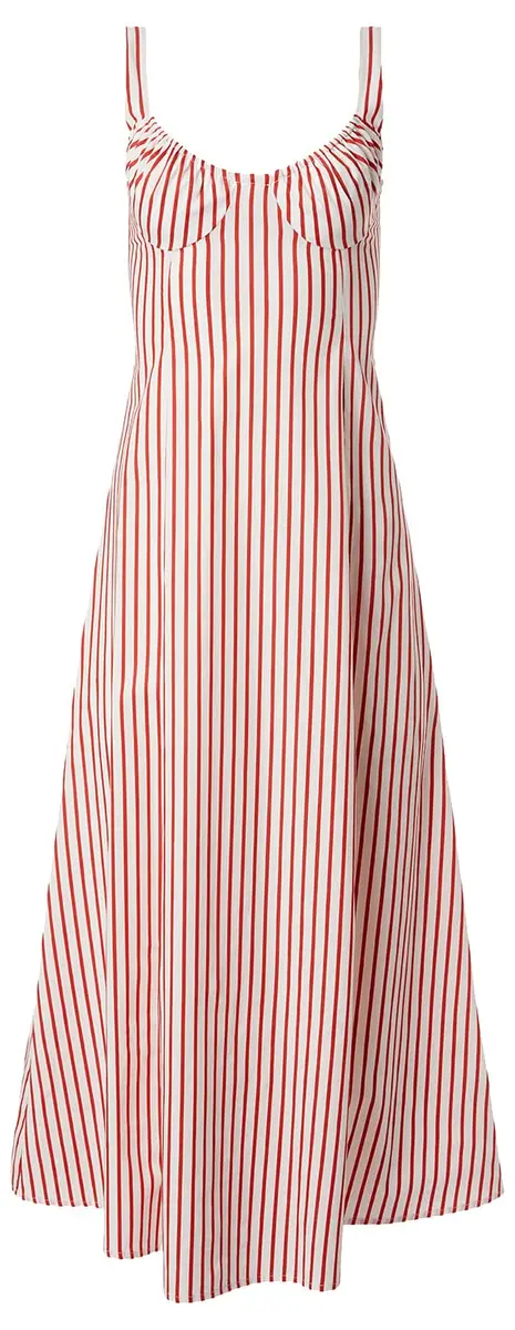 WEWOREWHAT Ruched Cup Midi Dress 4 | Vibrant Red Multi, Micro Stripe, Fall Style - view 3